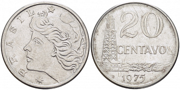 Бразилия 20 сентаво 1975 голова свободы влево KM 579.1a, Schon 84b нержавеющая сталь 3718-612