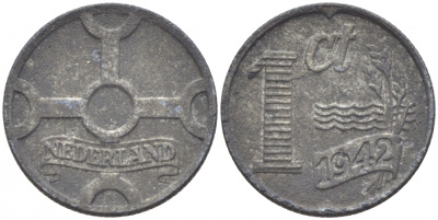 НИДЕРЛАНДЫ 1 ЦЕНТ 1942 ВИЛЬГЕЛЬМИНА (1890-1948) KM 170 цинк 214-741
