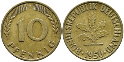 ФРГ 10 ПФЕННИГОВ 1950 F KM 108, J.383 сталь плакированная латунью 73-1117