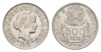 Бразилия 500 реалов (рейсов) 1912 год-тип KM 509 серебро 1519-1513