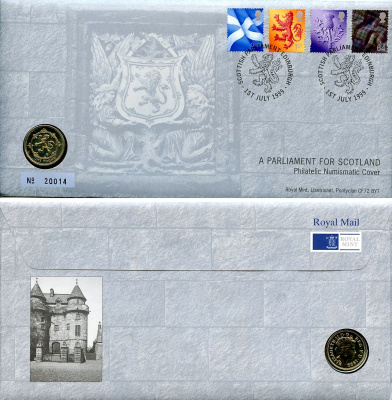 Великобритания 1 фунт 1999 Елизавета II (1952-2022), в оригинальном конверте, с марками, первый день гашения KM 998, Spink J14 медно-никель BU 4-3-8-55