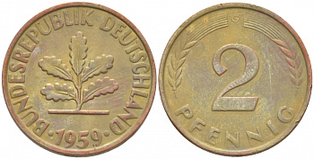 ФРГ 2 ПФЕННИГА 1959 G KM 106, J. 381 бронза 3718-356