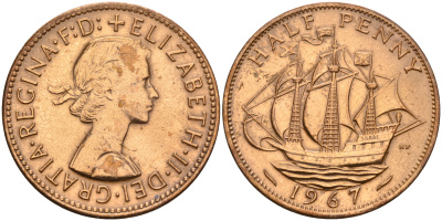 Великобритания 1/2 пенни 1967 Елизавета II (1952-2022) KM 896, Spink 4158 бронза    4153-331