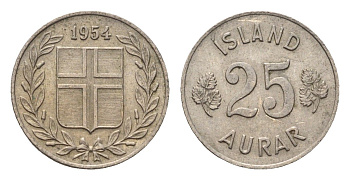 Исландия 25 эйре 1954 KM 11 медно-никель 4696-324