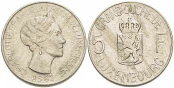 Люксембург 5 франков 1962 Великая герцогиня Шарлотта (1919-1964) KM 51 медно-никель 77-841