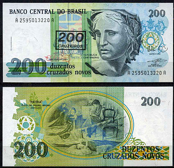 Бразилия 200 крузейро 1990 надпечатка на 200 крузадо новых, серия 2595, скульптура Республики, подпись 27 Pick 225 b бумага UNC (пресс) 447-20-1-2