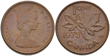 Канада 1 цент 1973 Елизавета II (1952-2022), кленовый лист KM 59.1 бронза 3334-1167