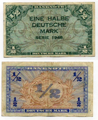 ФРГ 1/2 марки 1948 первый послевоенный выпуск Pick 1a бумага 7484-5-1-2