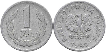 ПОЛЬША 1 ЗЛОТЫЙ 1949 KM 45а алюминий 4179-1012