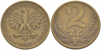 ПОЛЬША 2 ЗЛОТЫХ 1982 MW KM 80.1 латунь 112-1266