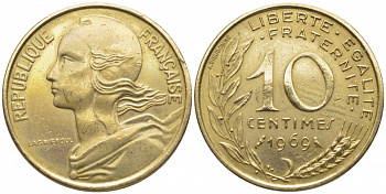 ФРАНЦИЯ 10 САНТИМОВ 1969 ТИП MARIANNE KM 929 медь алюминий никель 105-1229
