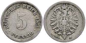 ГЕРМАНИЯ 5 ПФЕННИГОВ 1876 D, СТАРОГЕРБОВКА KM 3, J. 3 медно-никель 39-369