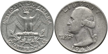 США 25 центов (квотер) 1966 Вашингтон KM 164а медь плакированная медно-никелем 113-524