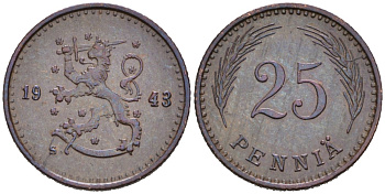 ФИНЛЯНДИЯ 25 ПЕННИ 1943 S KM 25а медь 192-1165