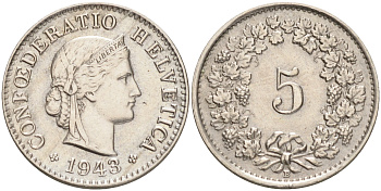ШВЕЙЦАРИЯ 5 РАППЕНОВ 1943 В KM 26 медно-никель 4528-417