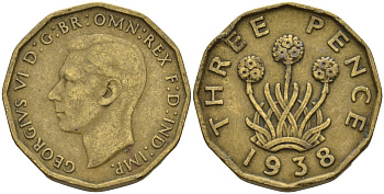Великобритания 3 пенса 1938 Георг VI (1936-1952) KM 849, Spink 4112 никель латунь 4146-321