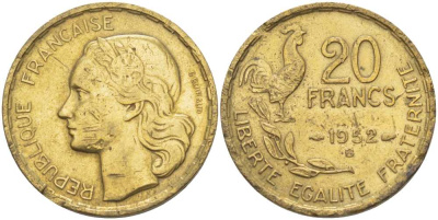 ФРАНЦИЯ 20 ФРАНКОВ 1952 В KM 917.2 алюминиевая бронза 4390-1224