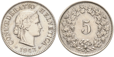 ШВЕЙЦАРИЯ 5 РАППЕНОВ 1943 В KM 26 медно-никель 4528-417