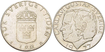 Швеция 1 крона 1977 U, Карл XVI Густав (1973- ) KM 852 медь покрытая медно-никелем 4523-241