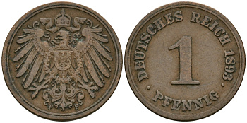 Германия 1 пфенниг 1893 F, Вильгельм II (1888-1918) KM 10, J. 10 медь 4608-169