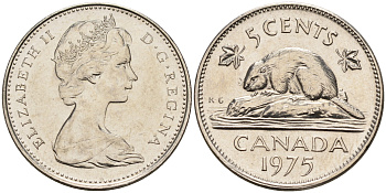 Канада 5 центов 1975 Елизавета II (1952-2022), бобр KM 60.1 никель 4148-1227
