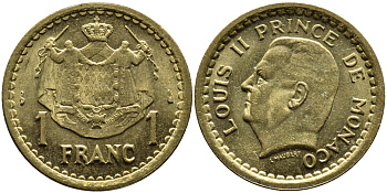 Монако 1 франк 1945 Луи II (1922-1949) KM 120 a алюминиевая бронза 4393-1254