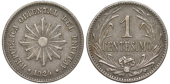 Уругвай 1 сентесимо 1924 KM 19 медно-никель 4594-225