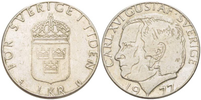 Швеция 1 крона 1977 U, Карл XVI Густав (1973- ) KM 852 медь покрытая медно-никелем 4523-241
