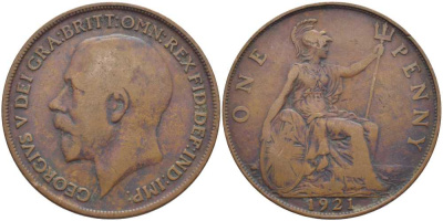 Великобритания 1 пенни 1921 Георг V (1910-1936) KM 810, Spink 4051 бронза 115-216