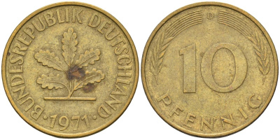 ФРГ 10 пфеннигов 1971 D KM 108 сталь плакированная латунью 4126-534
