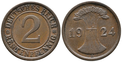 ГЕРМАНИЯ 2 РЕНТЕНПФЕННИГА 1924 A KM 31, J. 307 бронза 24-531