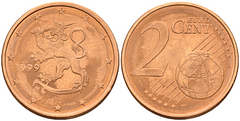 Финляндия 2 евроцента 1999  KM 99 сталь плакированная медью  UNC  4160-325
