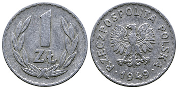 ПОЛЬША 1 ЗЛОТЫЙ 1949 KM 45a алюминий 4383-1251