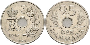 Дания 25 эре 1967 Фредерик IX (1947-1972) KM 855 медно-никель 4571-337