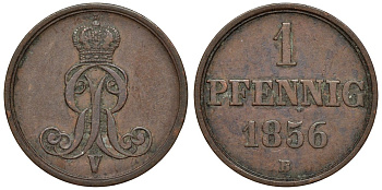 Ганновер 1 пфенниг 1856 B, Георг V KM 221, AKS 155, J. 83 медь 4594-434