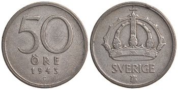 Швеция 50 эре 1943 G, Густав V (1907-1950) KM 817 серебро 4179-952