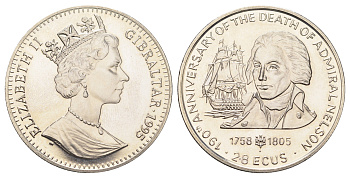 Гибралтар 2,8 экю 1995 190 лет со дня смерти Нельсона KM 494 медно-никель BU 11-087-44