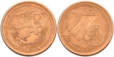 Финляндия 2 евроцента 1999  KM 99 сталь плакированная медью  UNC  4160-325