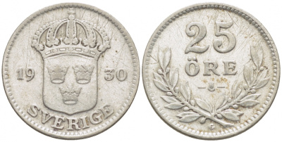 Швеция 25 эре 1930 G, Густав V (1907-1950) KM 785 серебро 112-1141