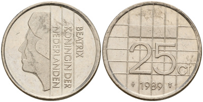 Нидерланды 25 центов 1989 Беатрикс (1980-2013) KM 204 никель    4598-441