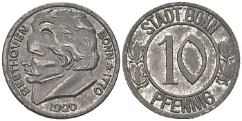 Бонн 10 пфеннигов 1920 Бетховен, Северный Рейн-Вестфалия Funck 51.1A, Men05 3220.1, Men18 4134.1 железо 4617-265