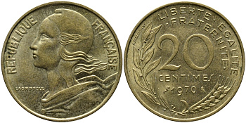 ФРАНЦИЯ 20 САНТИМОВ 1970 KM 930 медь алюминий никель 98-332