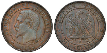 Франция 10 сантимов 1854 D, Наполеон III (1852-1870) KM 771.4, Le Franc 133.14 бронза 4123-311