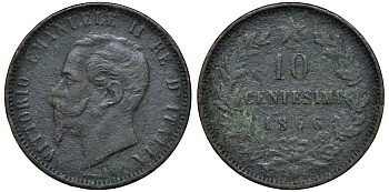 Италия 10 чентезимо 1866 M, Виктор Эммануил II KM 11.1 медь 4512-535