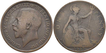 Великобритания 1 пенни 1917 Георг V (1910-1936) KM 810, Spink 4051 бронза 115-114