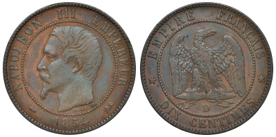 Франция 10 сантимов 1854 D, Наполеон III (1852-1870) KM 771.4, Le Franc 133.14 бронза 4123-311