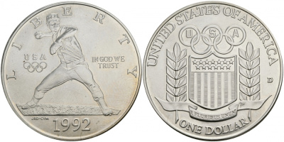 США 1 доллар 1992 D, Олимпийские игры, бейсбол KM 234 серебро UNC 4127-921
