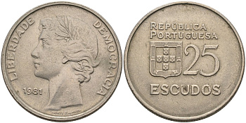 Португалия 25 эскудо 1981 KM 607a медно-никель 4572-514