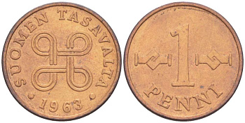 Финляндия 1 пенни 1963 первый год KM 44 медь 4519-555