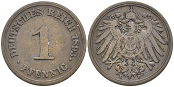 ГЕРМАНИЯ 1 ПФЕННИГ 1893 E KM 10, Jager. 10, Weege 2 медь 4528-1127